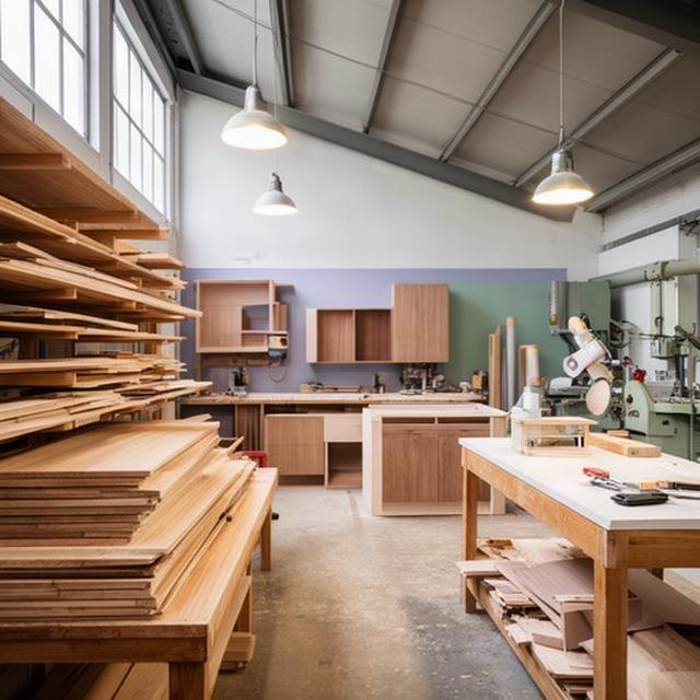 Interno ordinato del laboratorio con tavole di legno e mobili in lavorazione