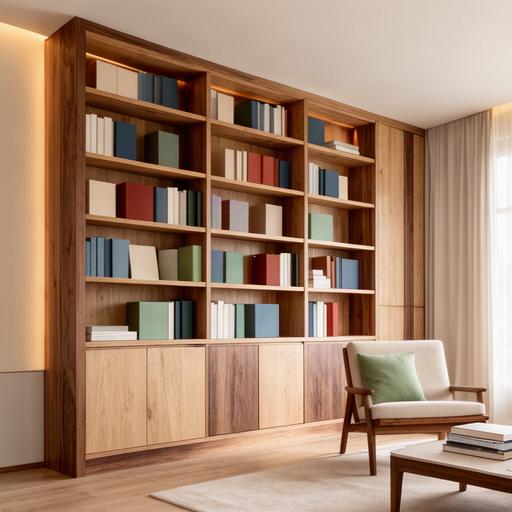Libreria in legno su misura con ripiani pieni di libri in un soggiorno contemporaneo