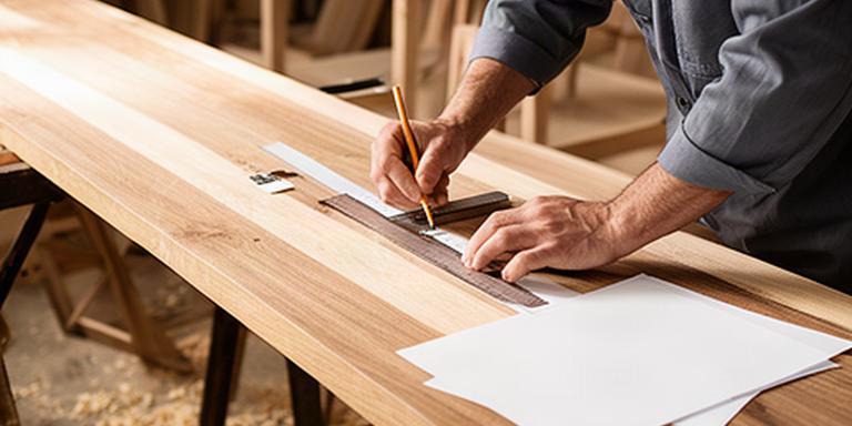 Falegname che verifica le misure di un progetto su una tavola di legno