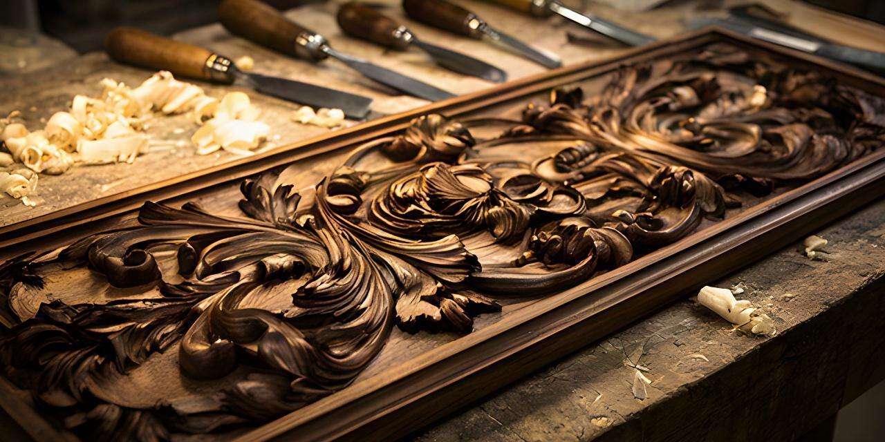 Bassorilievo in legno con decori barocchi siciliani su un tavolo da scultore