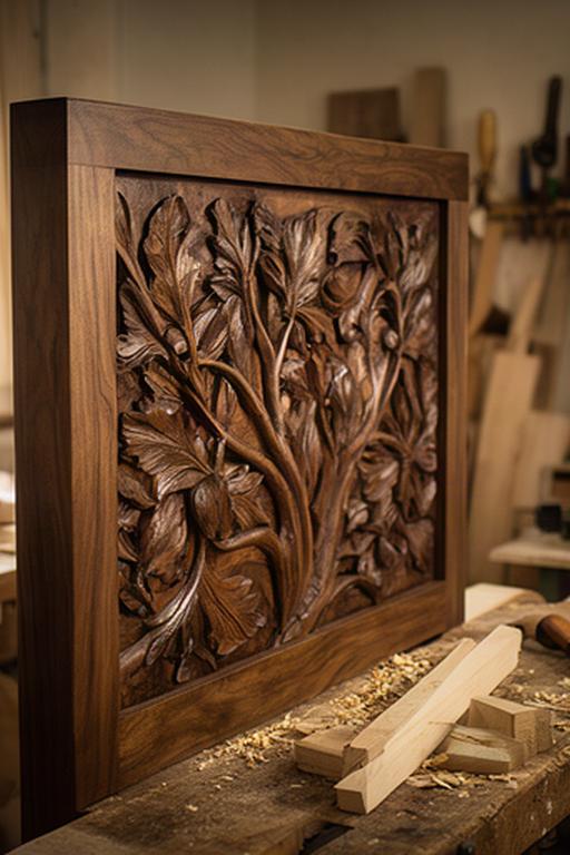 Testata letto in legno intagliato con motivi botanici nel laboratorio di falegnameria