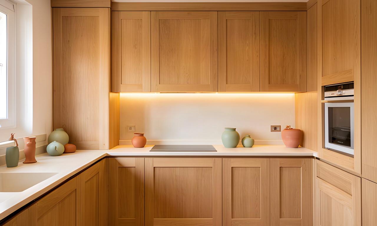 Cucina su disegno in rovere con armadiature integrate e illuminazione calda