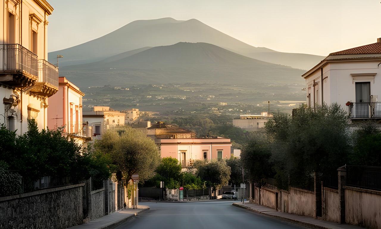 Strada di San Giovanni la Punta in Sicilia con edifici chiari e colline sullo sfondo