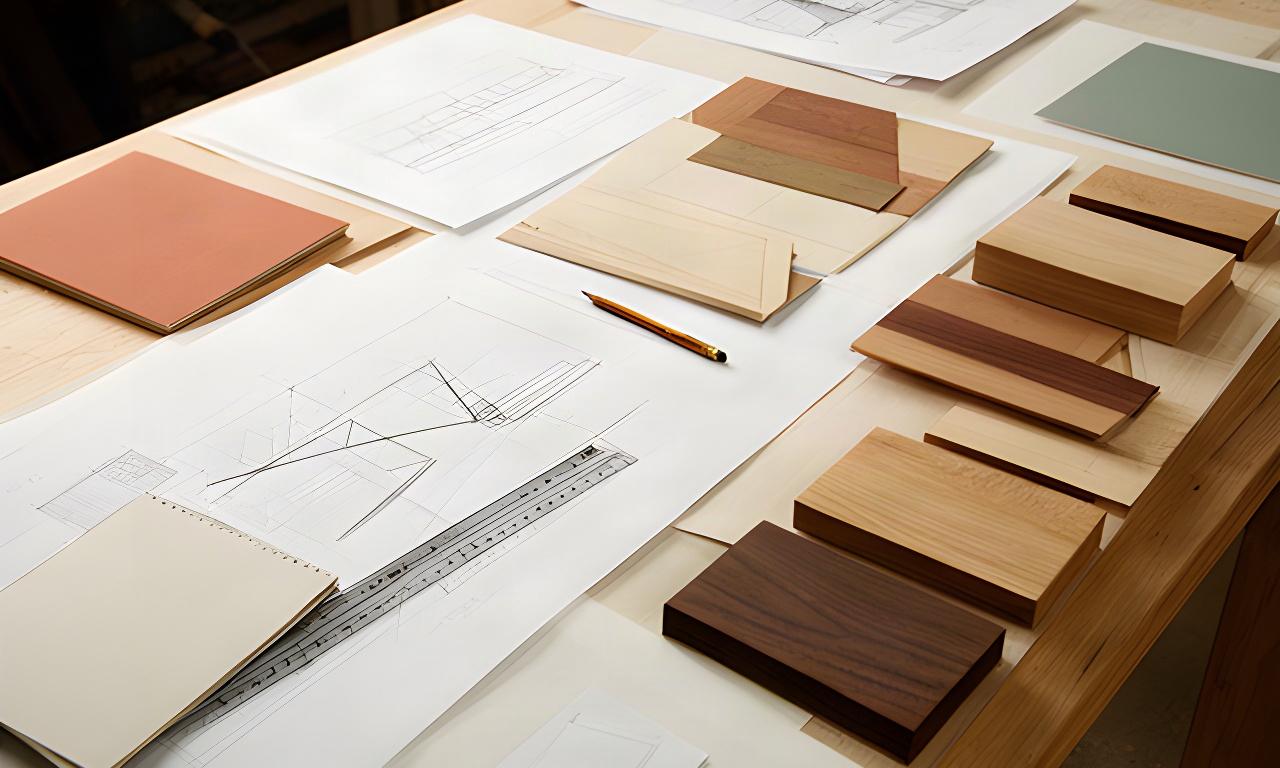 Disegni tecnici e campioni di finitura disposti su un tavolo da progettazione in legno