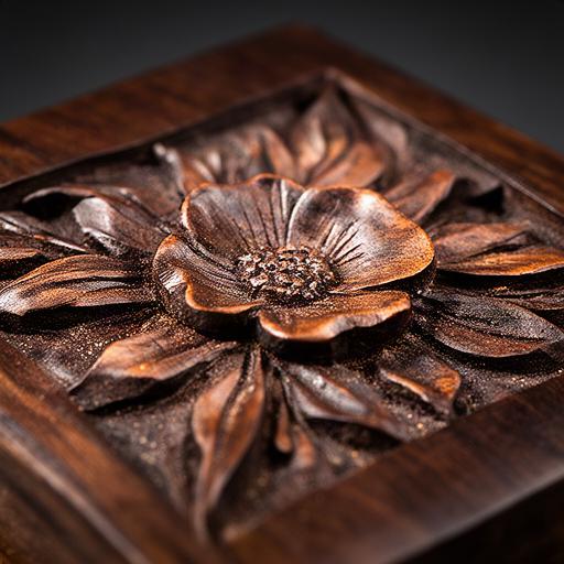 Dettaglio di un intaglio floreale lavorato a mano su legno scuro