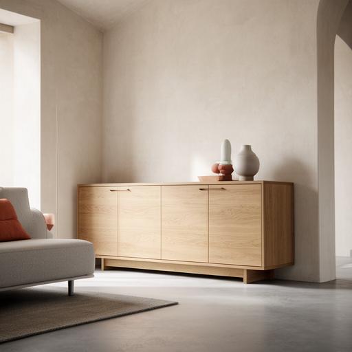 Credenza moderna in rovere con ante lisce e maniglie discrete in un soggiorno