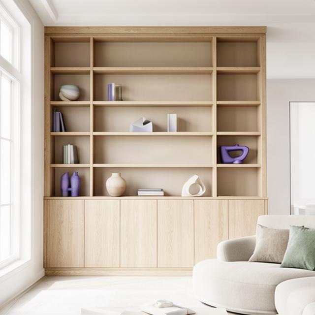 Libreria su disegno in legno massello inserita in un soggiorno luminoso