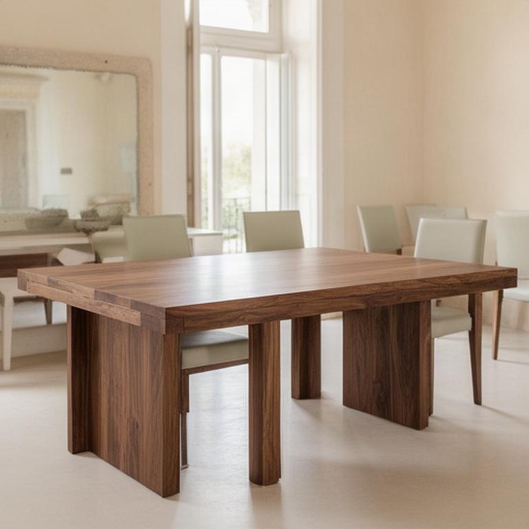 Tavolo da pranzo in noce massello nella sala luminosa di una casa siciliana