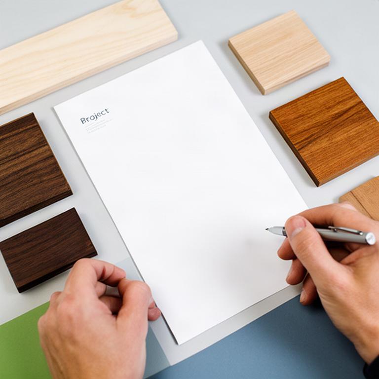 Mani che compilano una richiesta di preventivo su un modulo vicino a campioni di legno