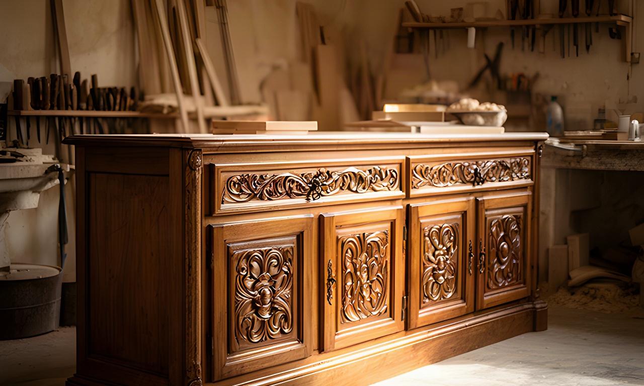 Credenza in legno intagliata a mano nell’officina siciliana, con motivi decorativi tradizionali
