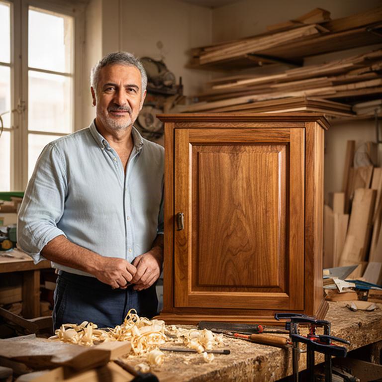 Falegname al banco con un mobile in legno massello nella bottega siciliana