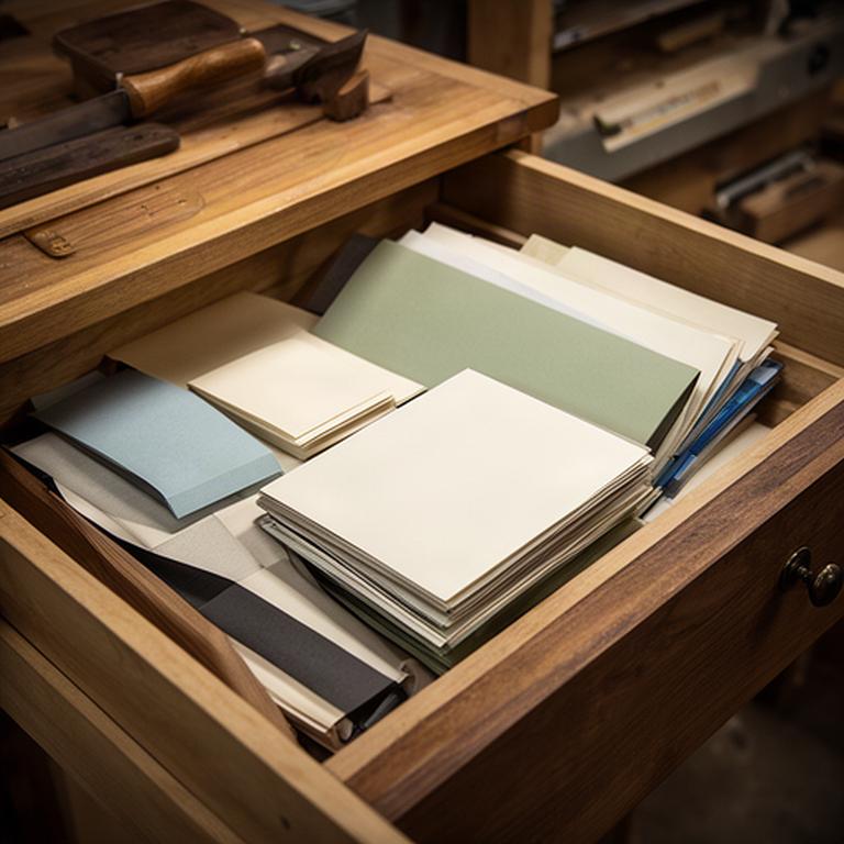 Archivio di schede di progetto custodito in un cassetto di legno del laboratorio