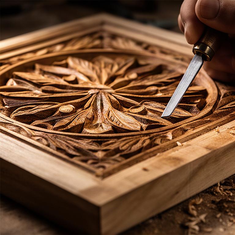 Dettaglio di un pannello in legno intagliato a mano con motivi decorativi