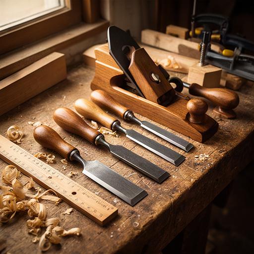 Pialle e scalpelli ordinati su un banco da lavoro in legno