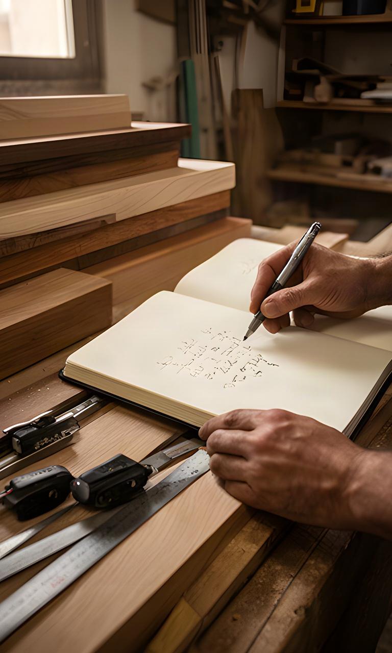 Falegname che annota misure su un quaderno accanto a tavole di legno nel laboratorio