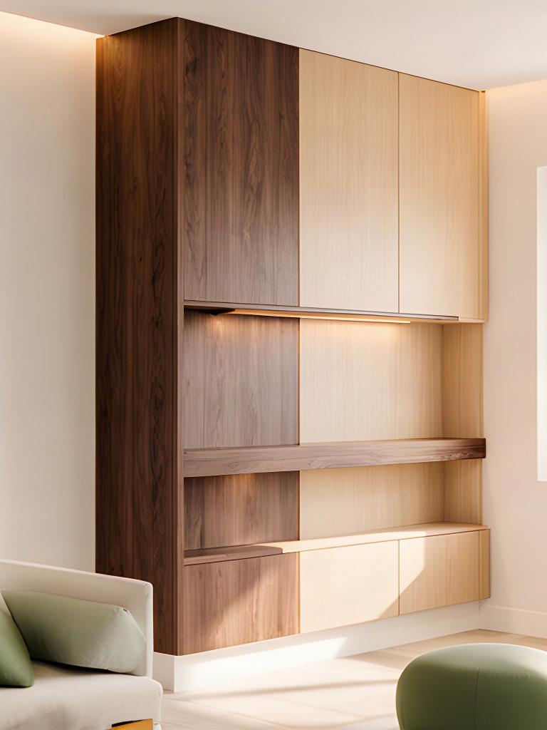 Mensola e boiserie in noce e rovere installate in un soggiorno luminoso siciliano