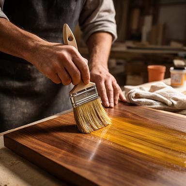 Applicazione manuale della finitura su un pannello di legno nella bottega