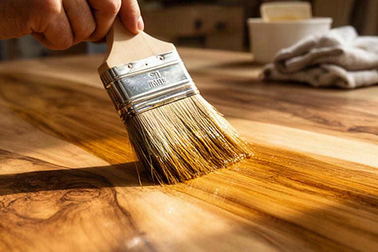 Pennello che stende una finitura naturale su un piano di legno