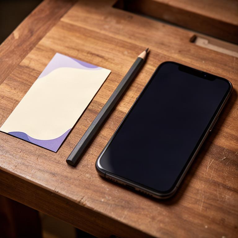Telefono su banco di legno accanto a una matita e a una scheda di contatto