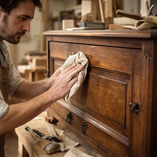 Restauratore che pulisce una credenza in legno nella bottega
