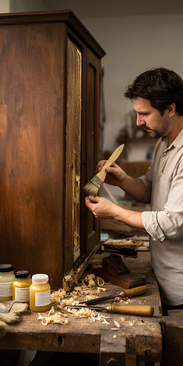 Artigiano che restaura un mobile antico in legno su un banco di lavoro